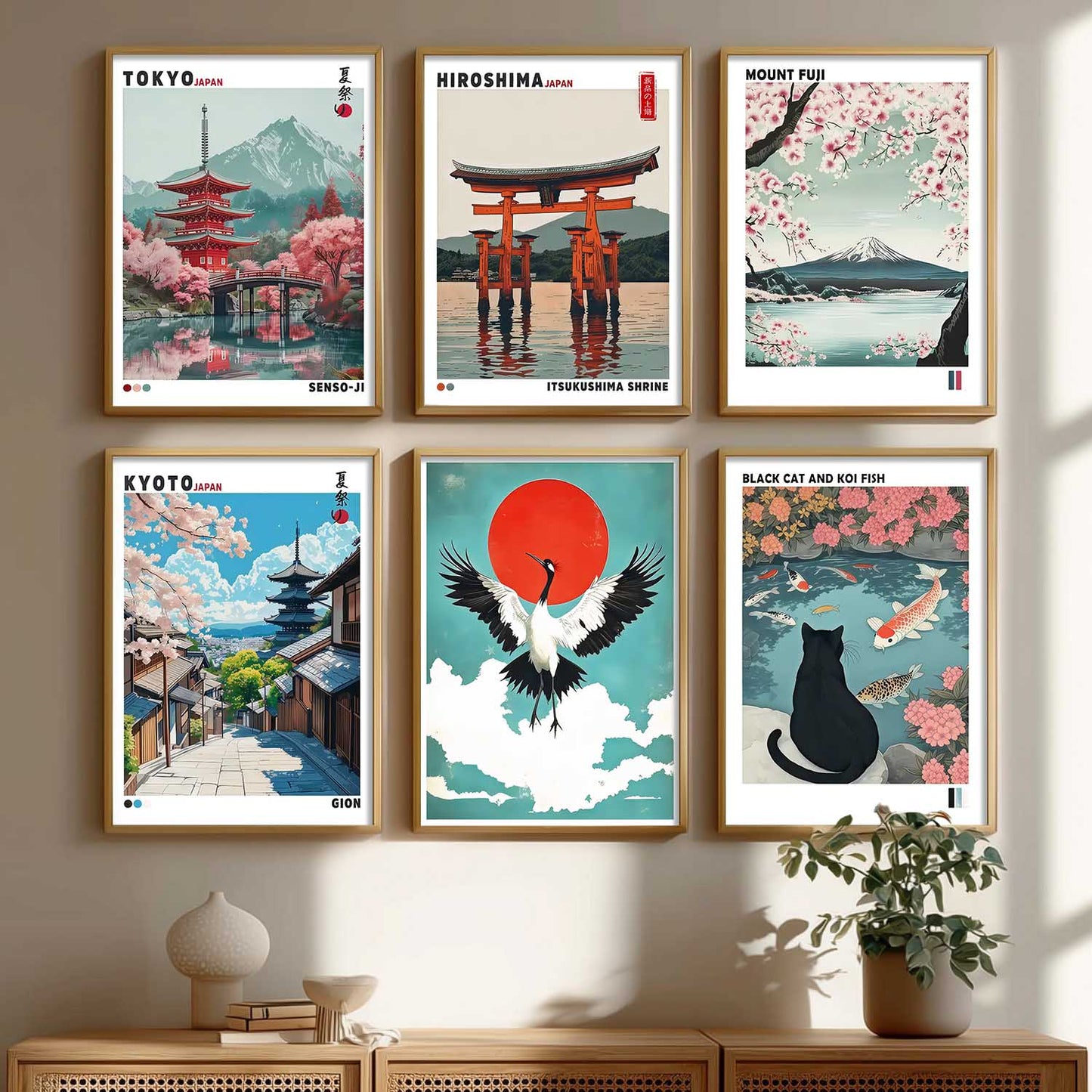Japanese Nature Art and City View Aesthetic Wall Art Paintings with Frame for Living Room Bedroom