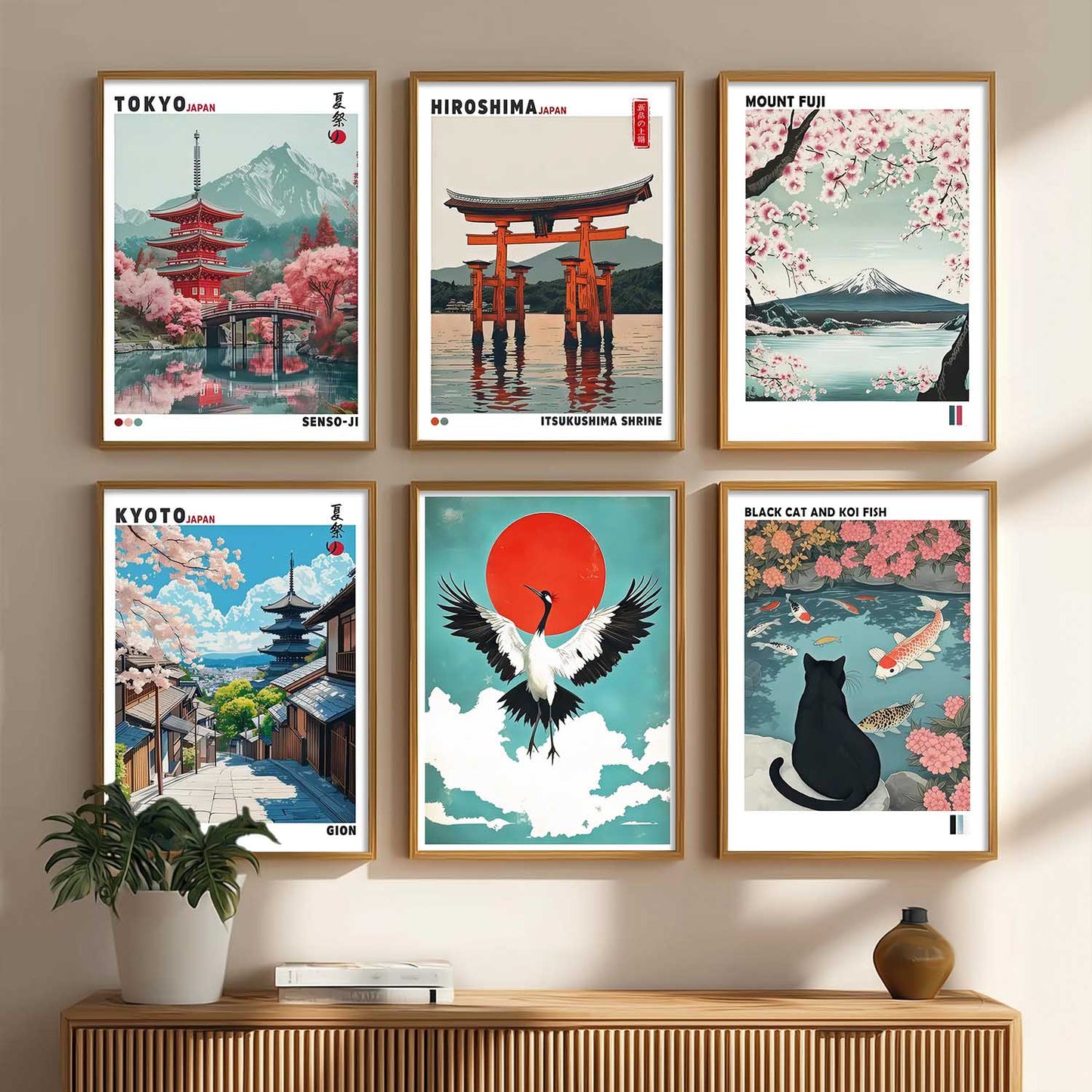Japanese Nature Art and City View Aesthetic Wall Art Paintings with Frame for Living Room Bedroom