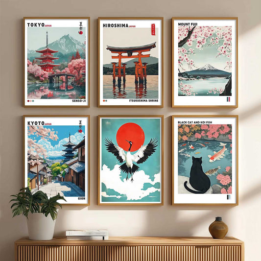 Japanese Nature Art and City View Aesthetic Wall Art Paintings with Frame for Living Room Bedroom