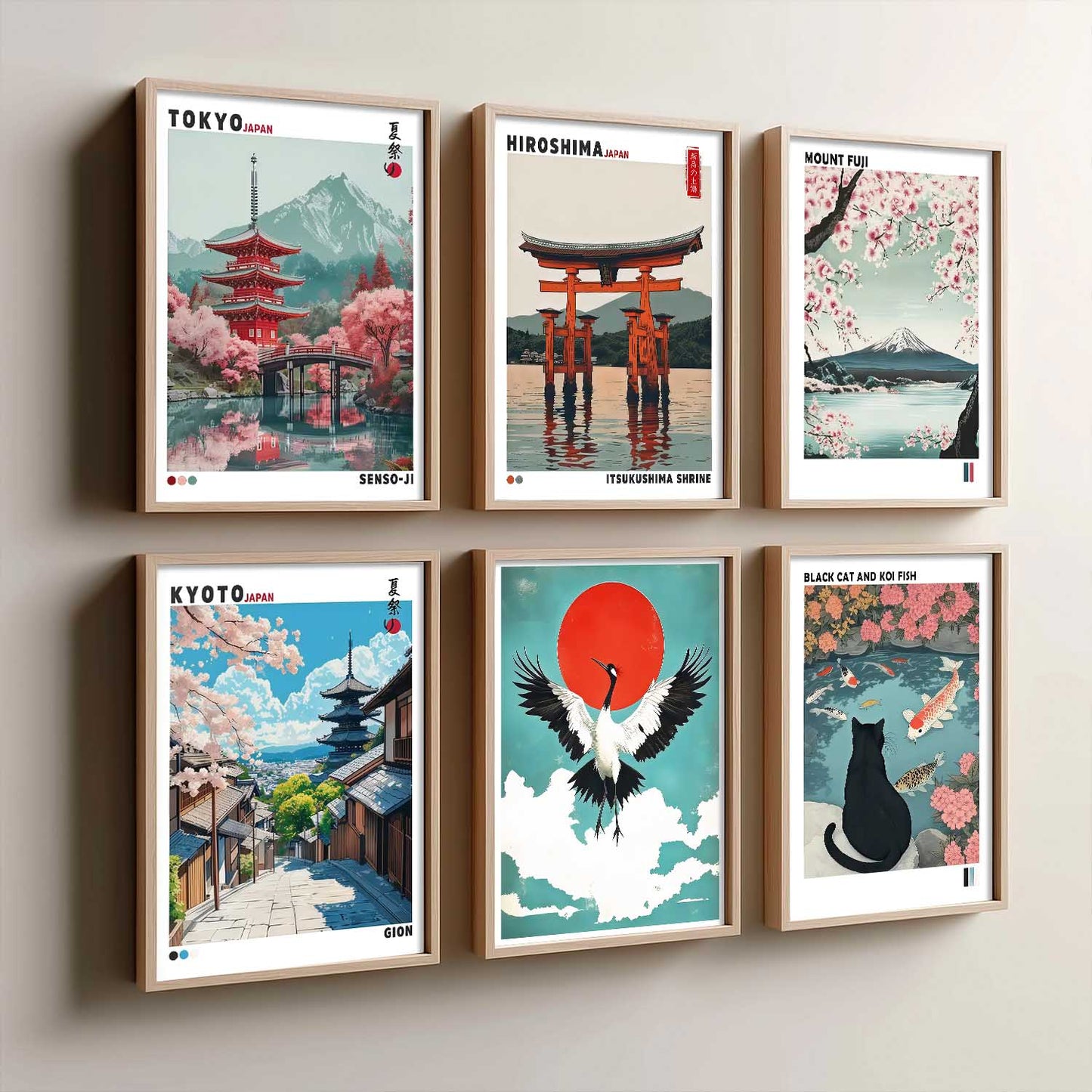 Japanese Nature Art and City View Aesthetic Wall Art Paintings with Frame for Living Room Bedroom
