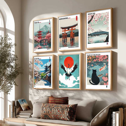 Japanese Nature Art and City View Aesthetic Wall Art Paintings with Frame for Living Room Bedroom