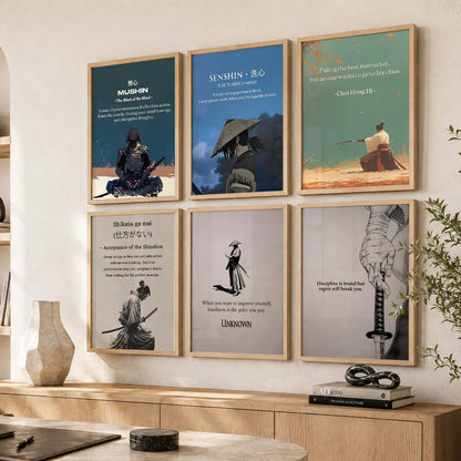 Japanese Samurai Motivational Quotes Wall Art Set of 6 Framed Prints for Living Room