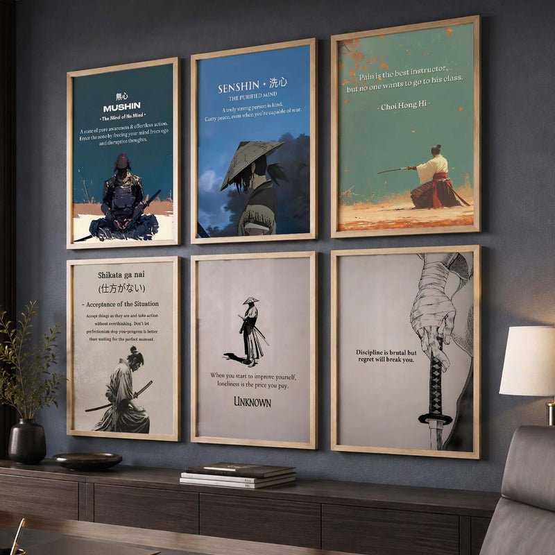 Japanese Samurai Motivational Quotes Wall Art Set of 6 Framed Prints for Living Room