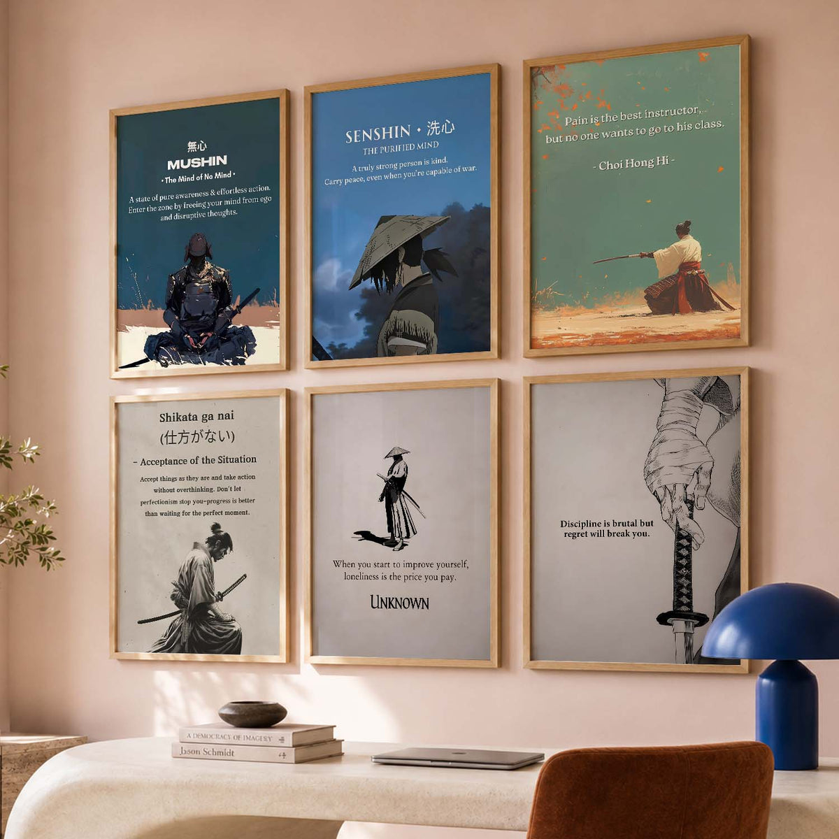 Japanese Samurai Motivational Quotes Wall Art Set of 6 Framed Prints for Living Room