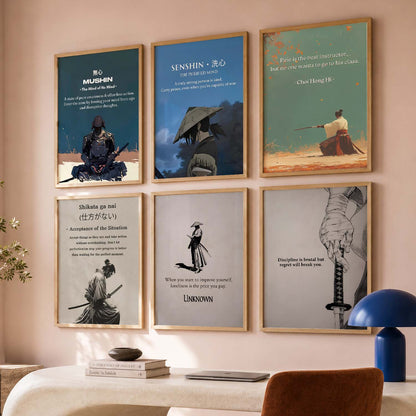 Japanese Samurai Motivational Quotes Wall Art Set of 6 Framed Prints for Living Room