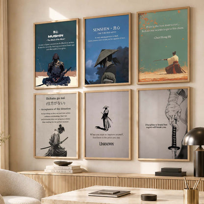 Japanese Samurai Motivational Quotes Wall Art Set of 6 Framed Prints for Living Room