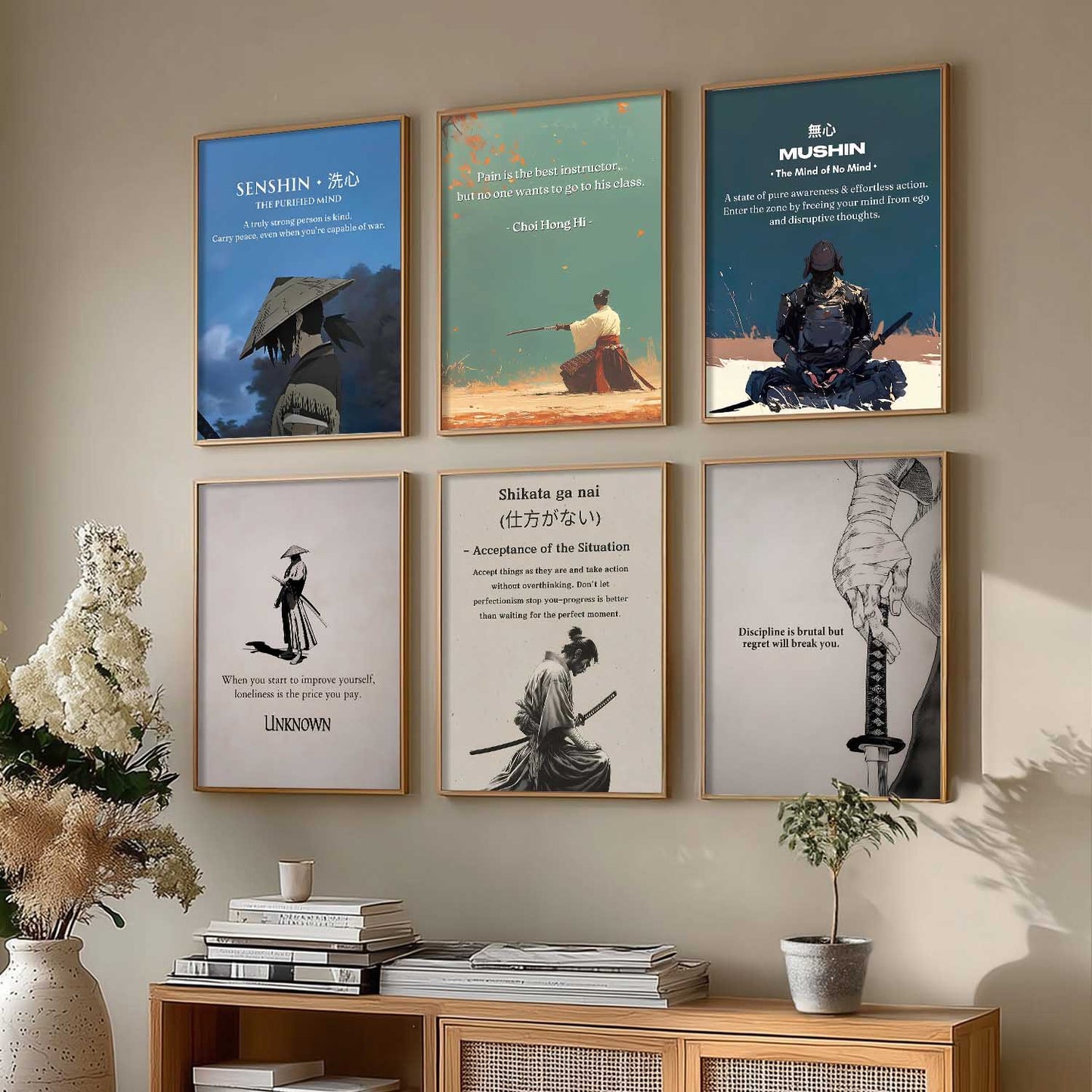 Japanese Samurai Motivational Wall Art Paintings with Frame for Living Room Bedroom