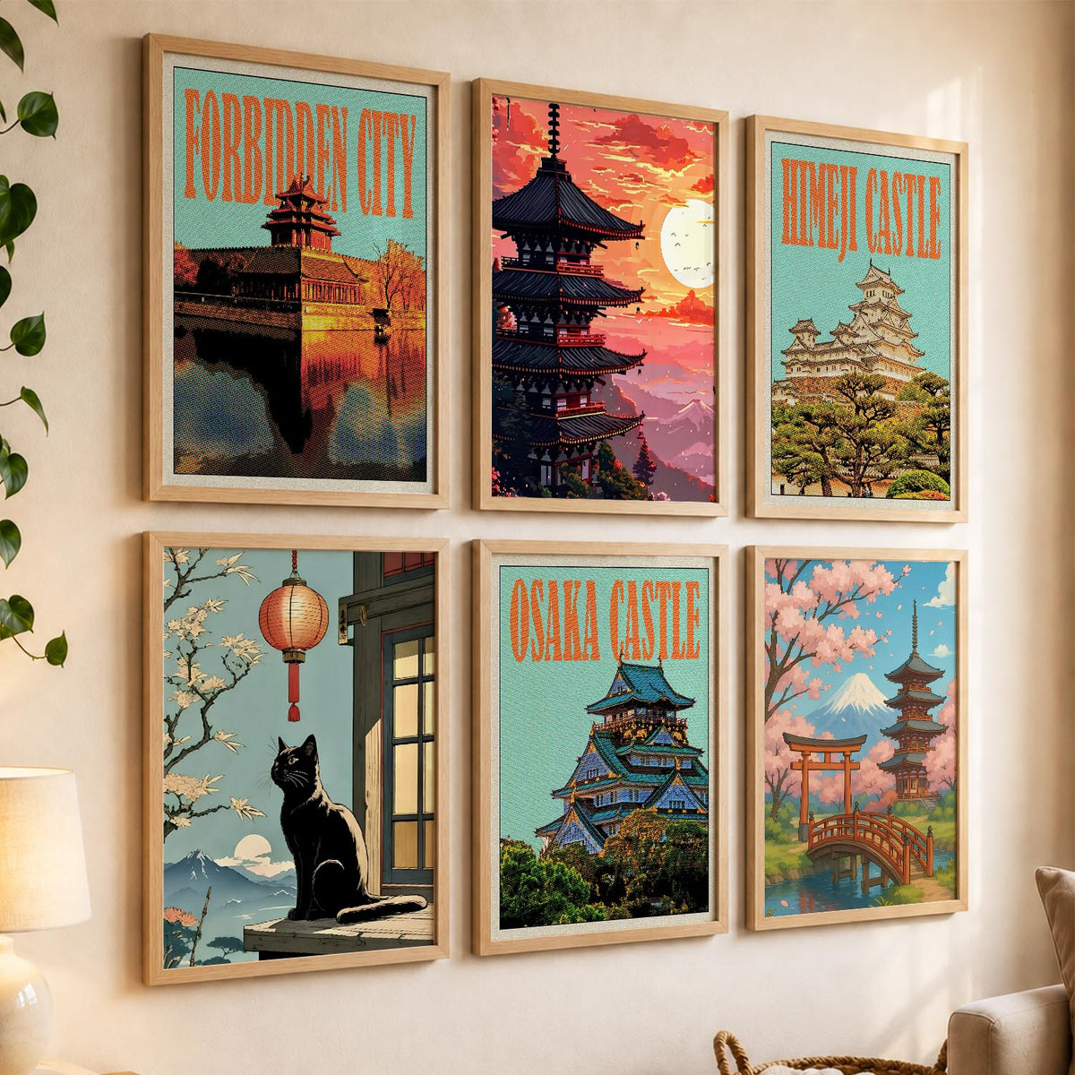 Japanese Nature and City View Wall Art Paintings with Frame for Living Room Bedroom