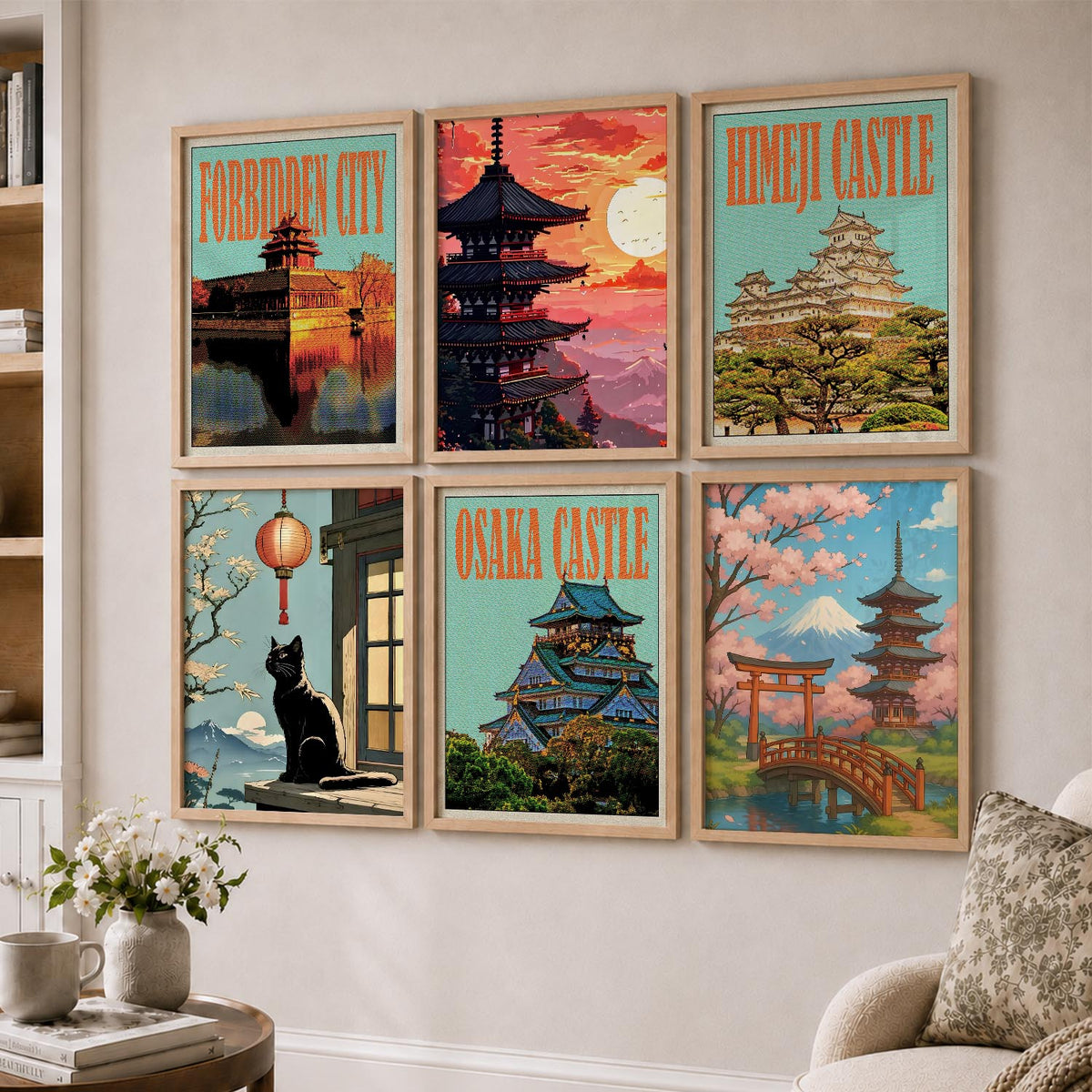 Japanese Nature and City View Wall Art Paintings with Frame for Living Room Bedroom