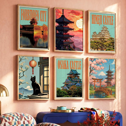 Japanese Nature and City View Wall Art Paintings with Frame for Living Room Bedroom