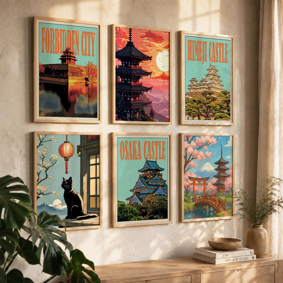 Japanese Nature and City View Wall Art Paintings with Frame for Living Room Bedroom