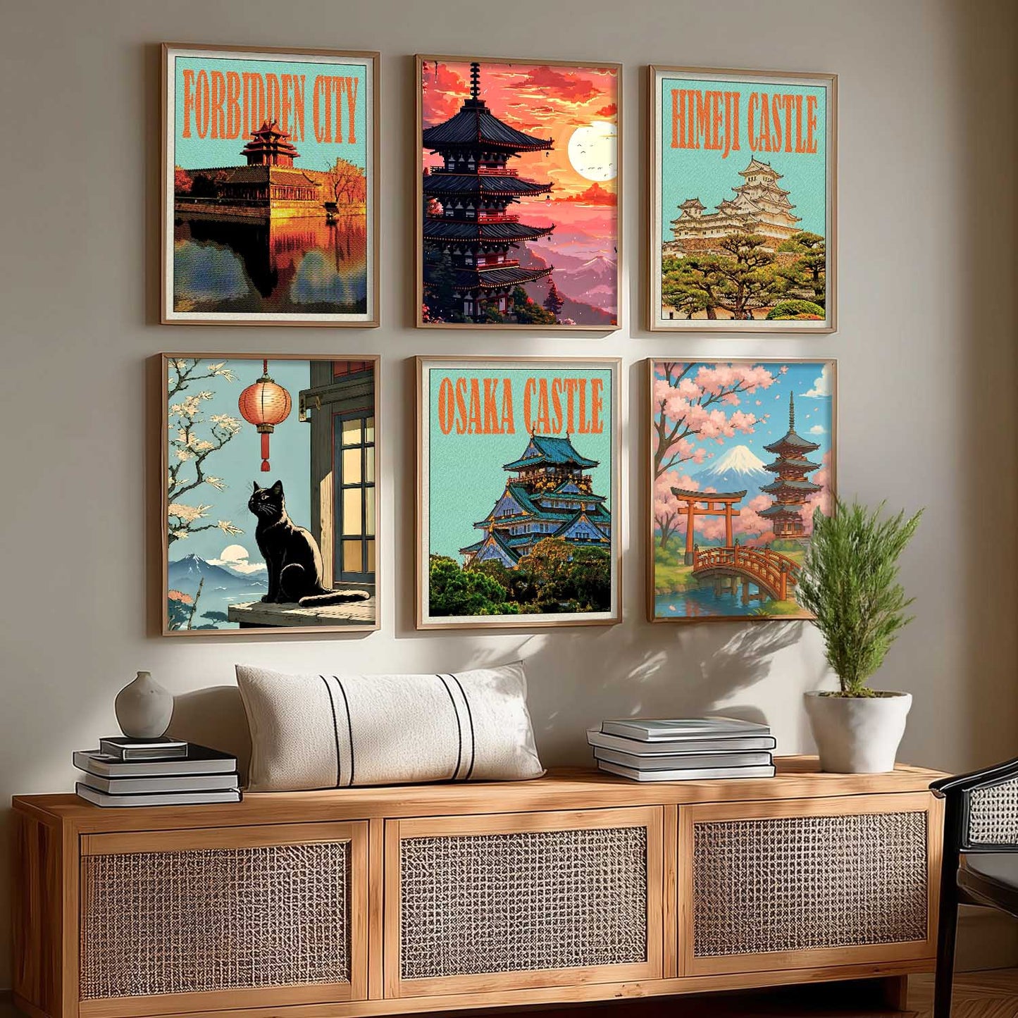 Japanese Nature and City View Wall Art Paintings with Frame for Living Room Bedroom