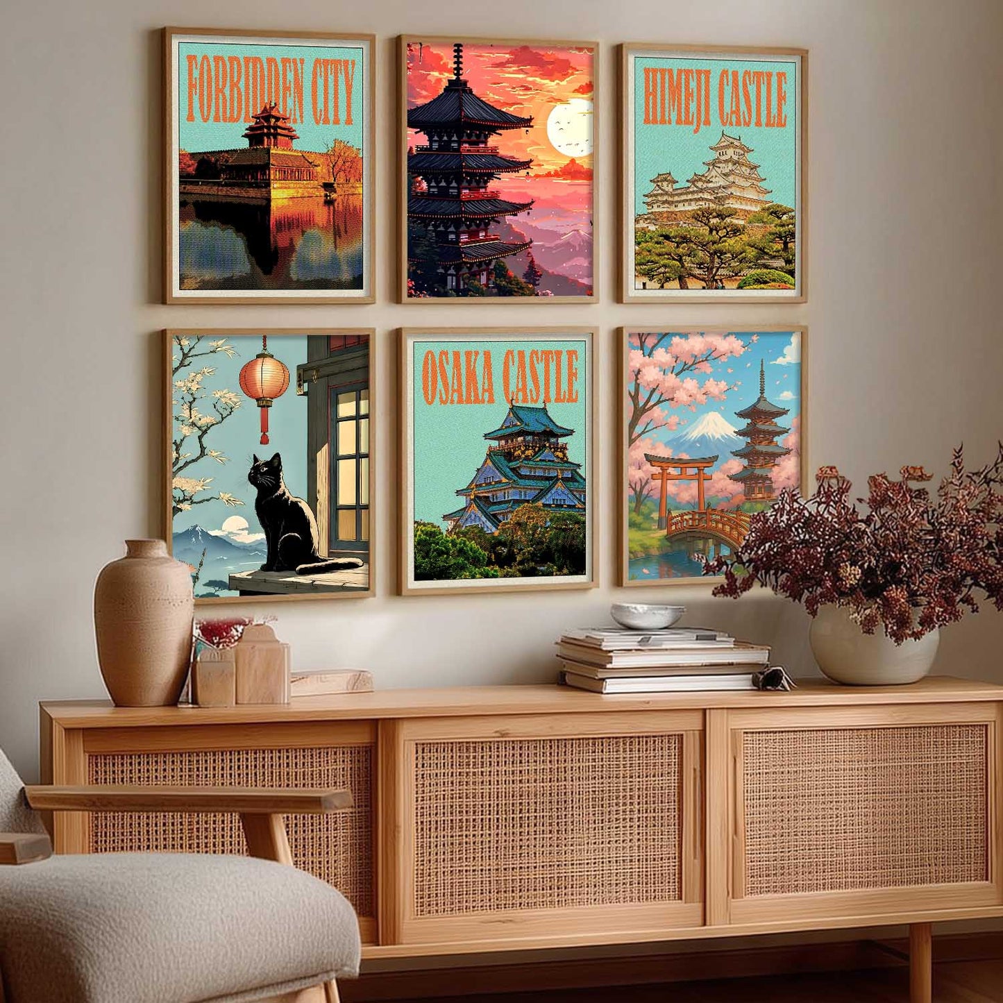 Japanese Nature and City View Wall Art Paintings with Frame for Living Room Bedroom