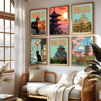 Japanese Nature and City View Wall Art Paintings with Frame for Living Room Bedroom