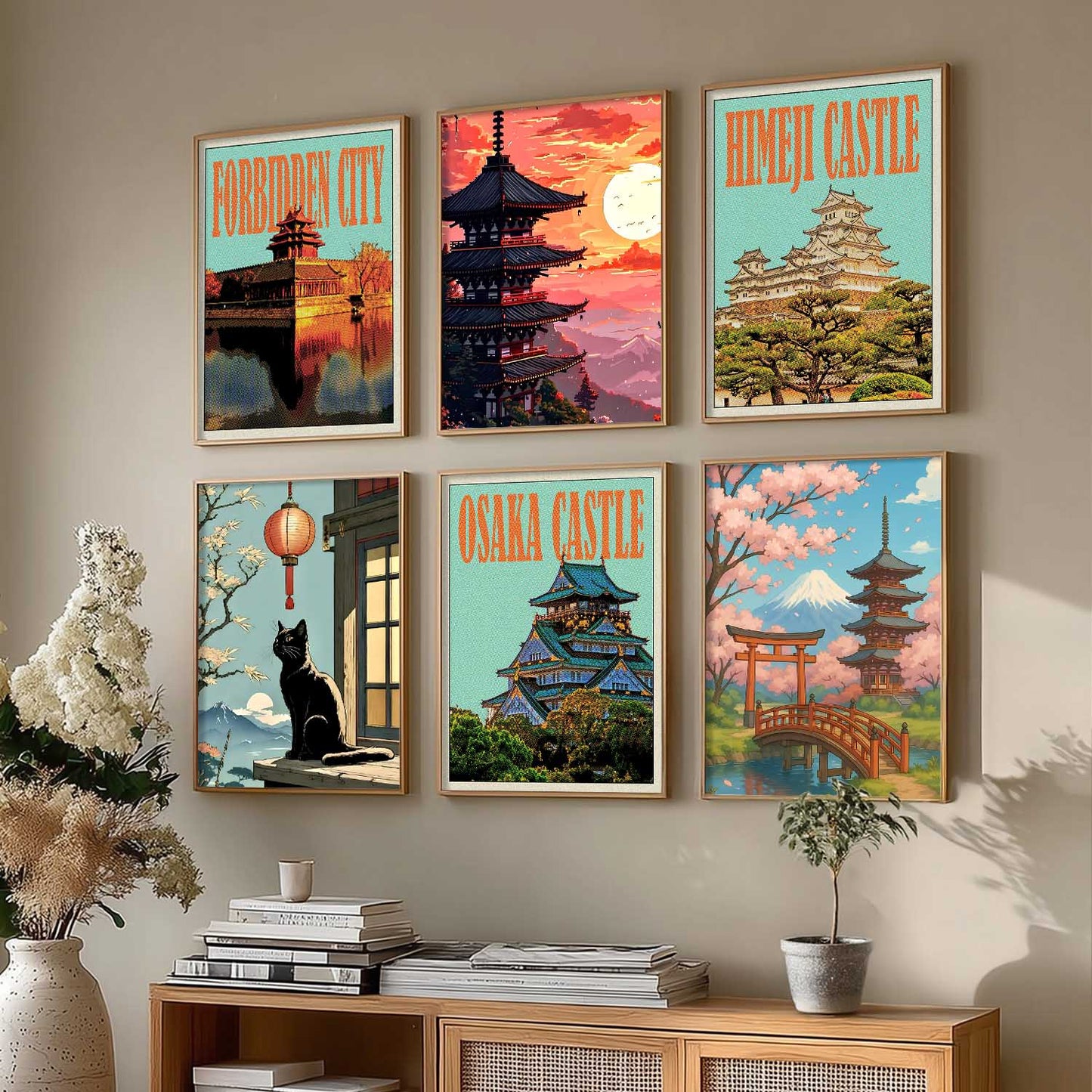 Japanese Nature and City View Wall Art Paintings with Frame for Living Room Bedroom