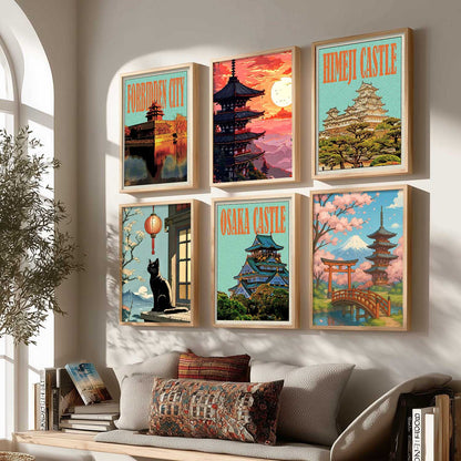 Japanese Nature and City View Wall Art Paintings with Frame for Living Room Bedroom