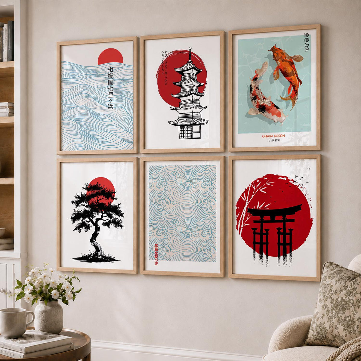 Japanese Aesthetic Wall Art Paintings with Frame for Living Room Bedroom