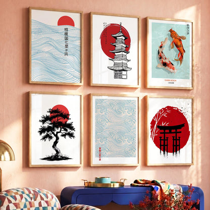 Japanese Aesthetic Wall Art Paintings with Frame for Living Room Bedroom