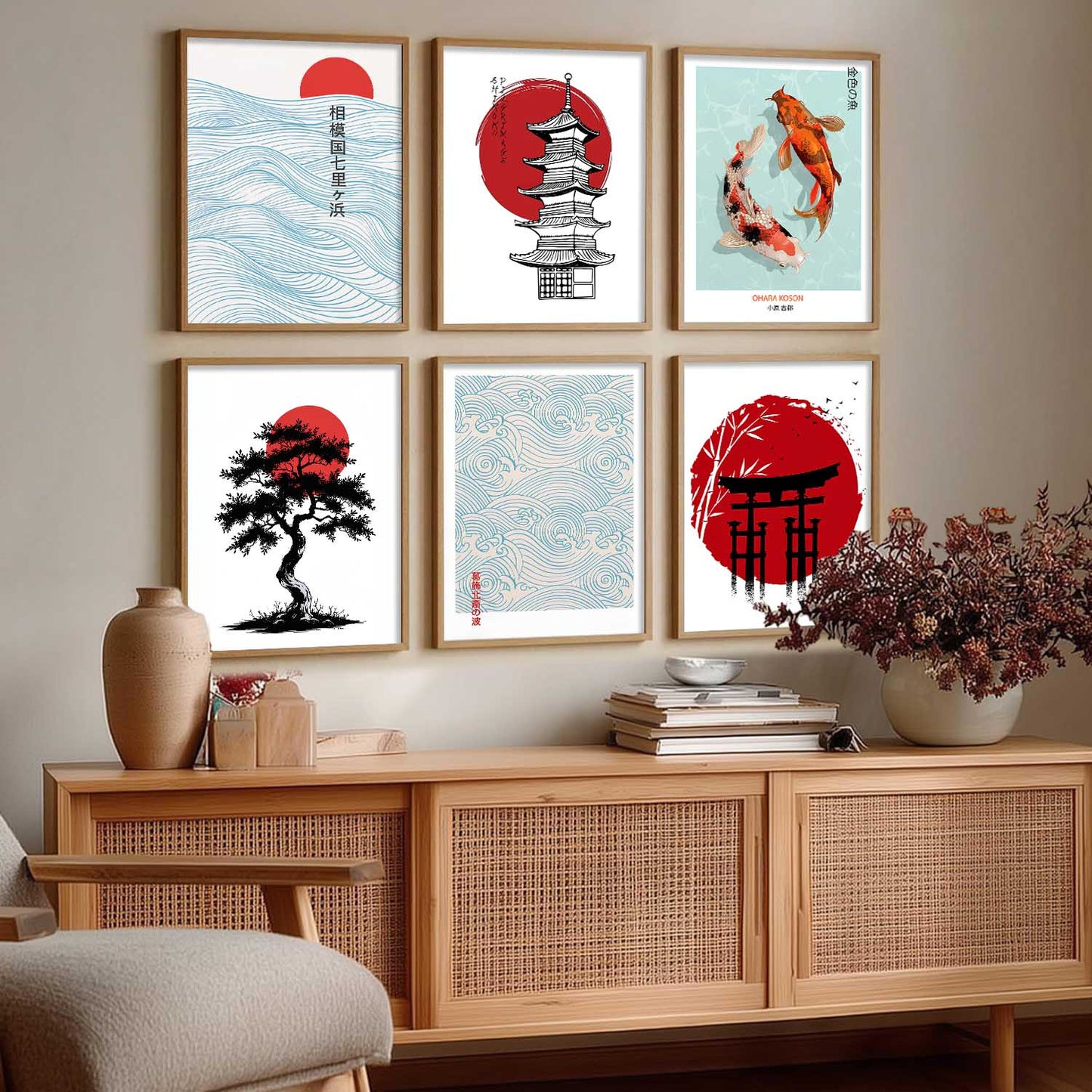 Japanese Aesthetic Wall Art Paintings with Frame for Living Room Bedroom