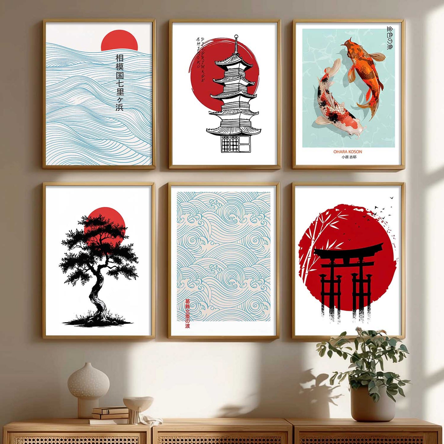 Japanese Aesthetic Wall Art Paintings with Frame for Living Room Bedroom