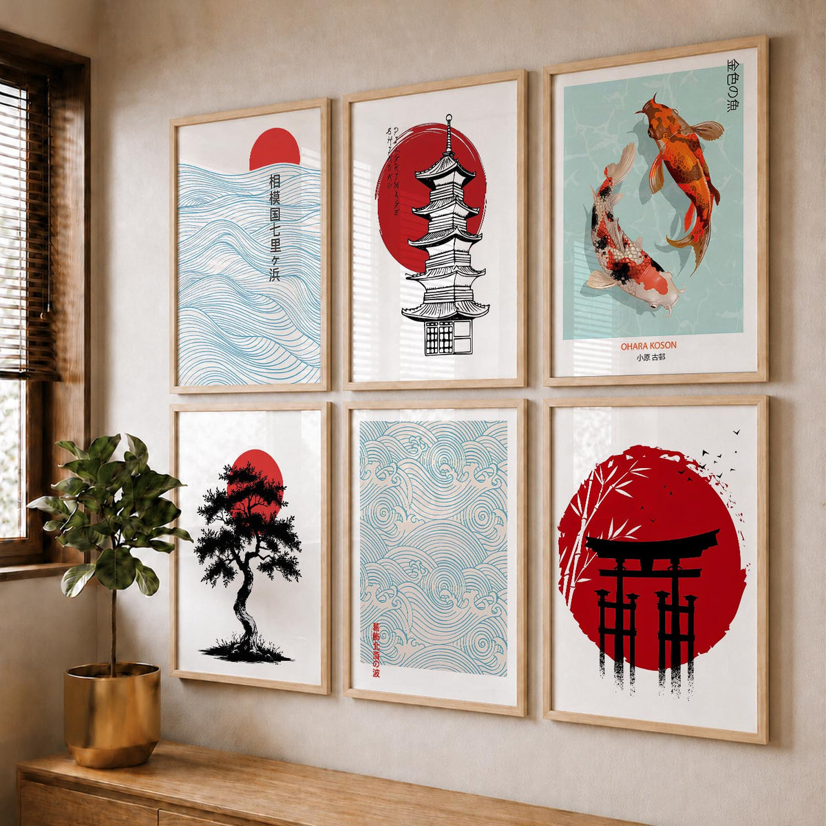 Japanese Aesthetic Wall Art Paintings with Frame for Living Room Bedroom