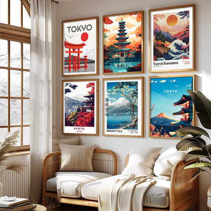 Japanese City View Wall Art Paintings with Frame for Living Room Bedroom