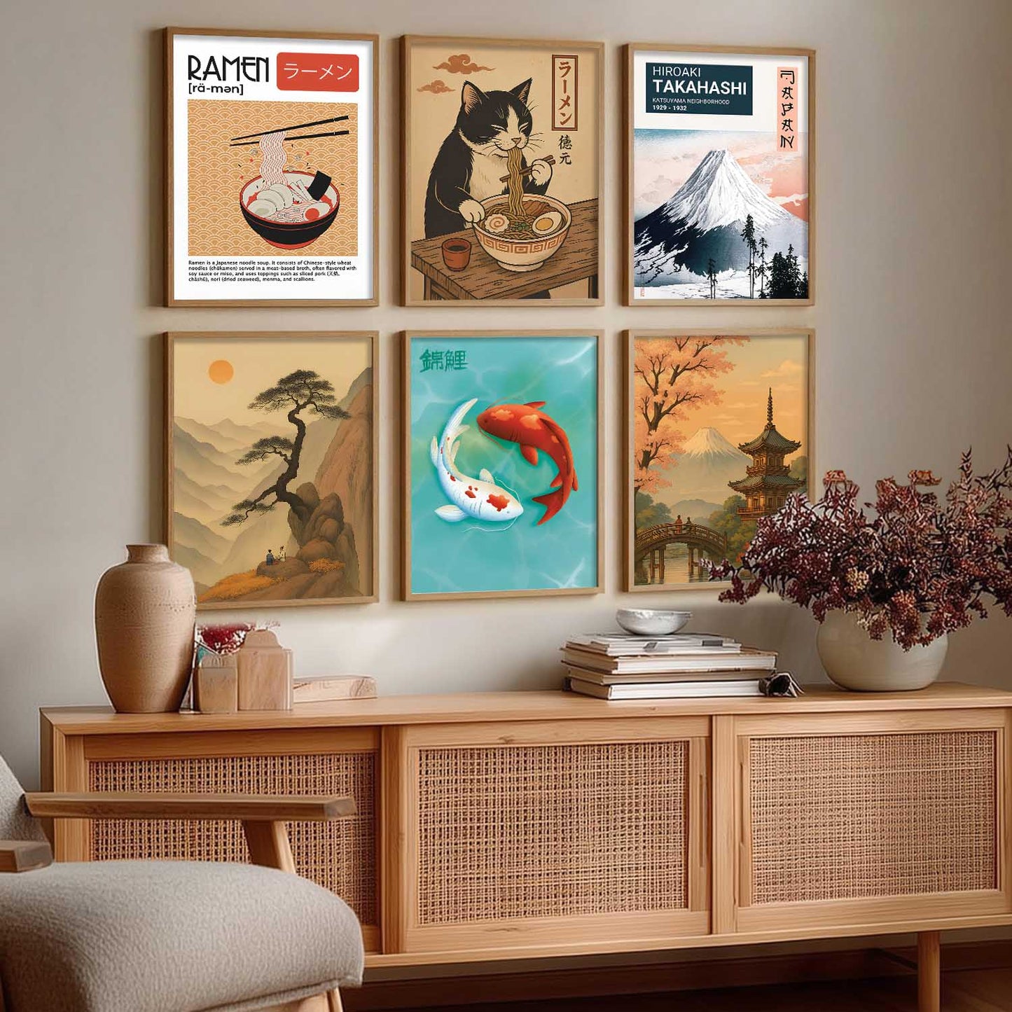 Japanese  Aesthetic Wall Art Paintings with Frame for Living Room Bedroom