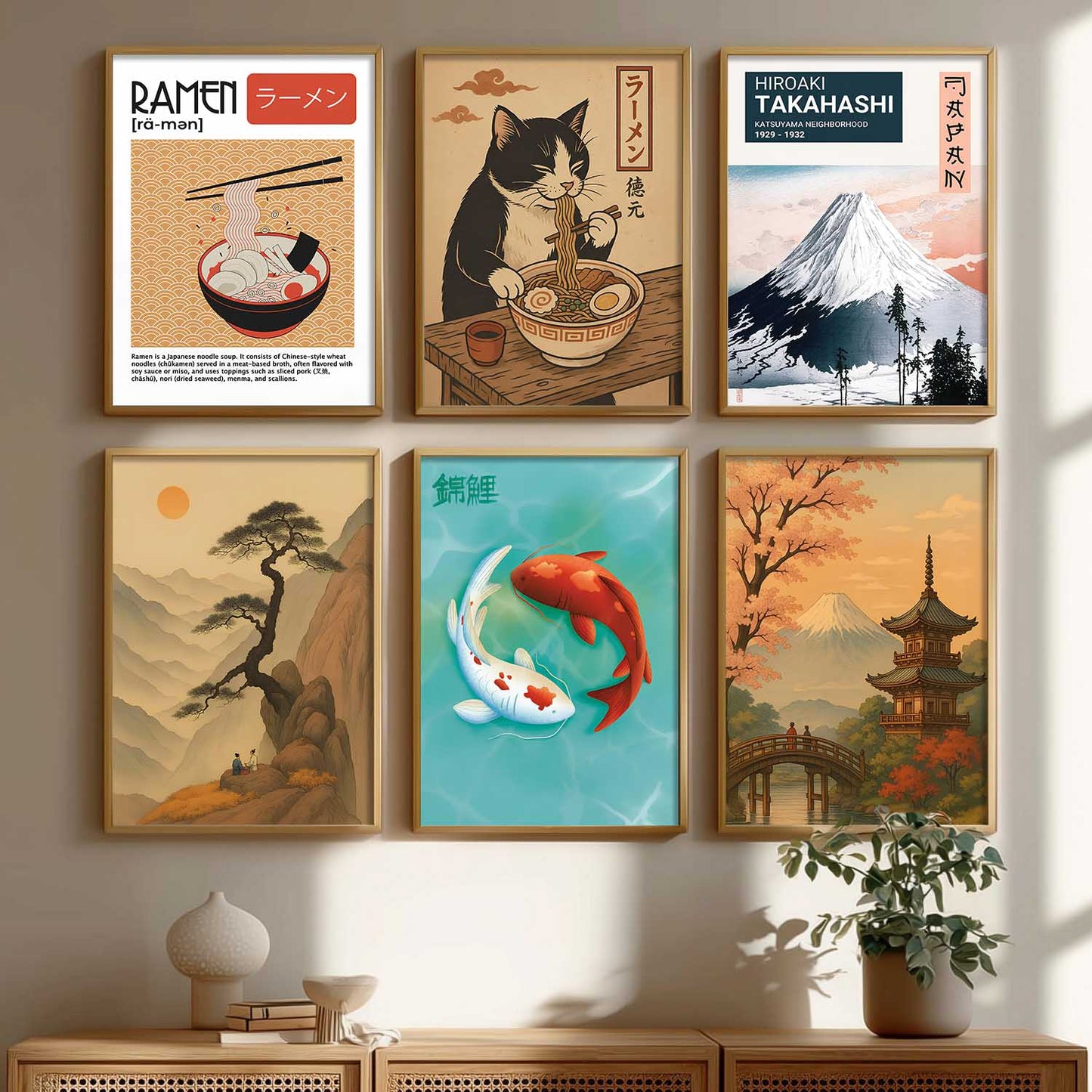 Japanese  Aesthetic Wall Art Paintings with Frame for Living Room Bedroom
