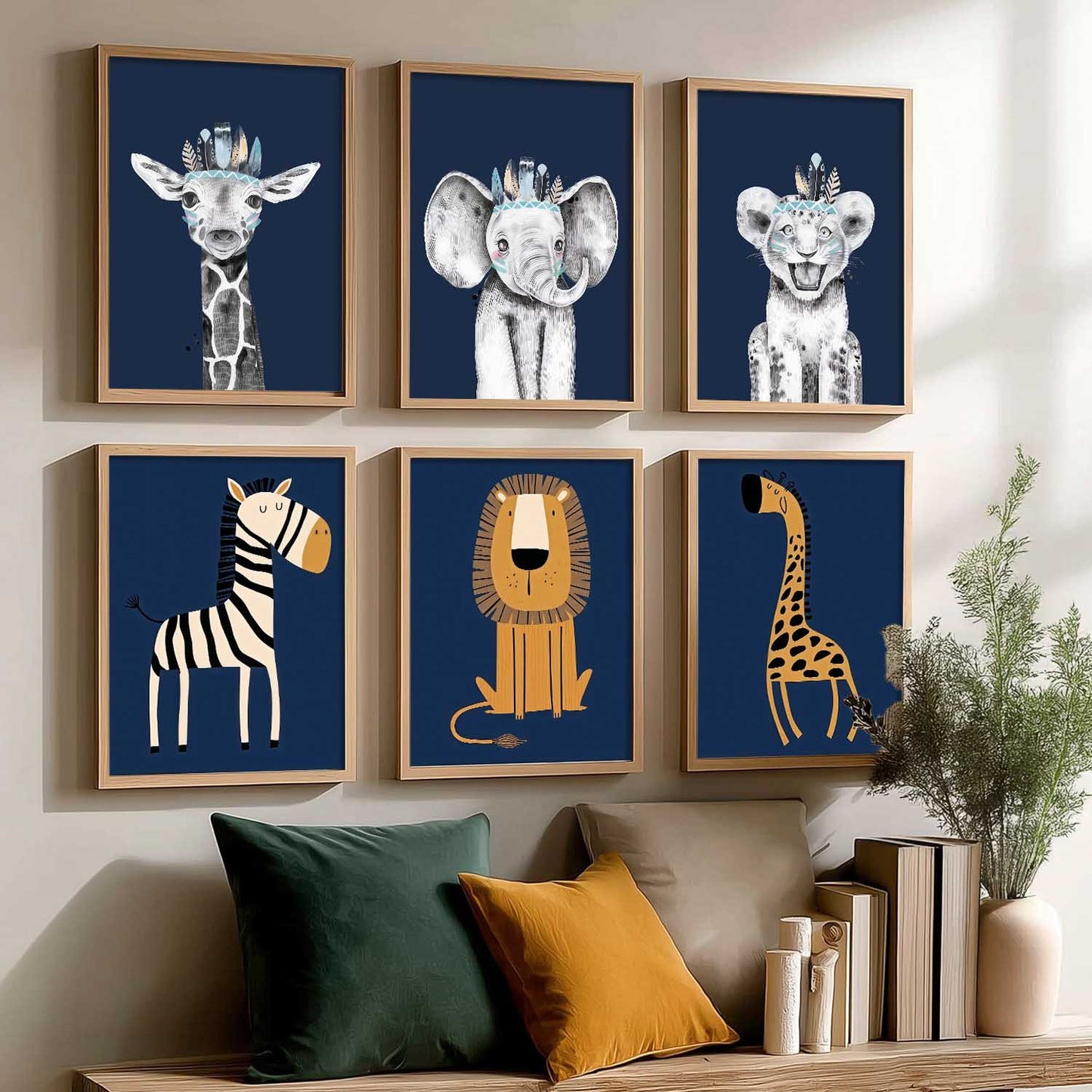 Safari Animals Wall Art Paintings with Frame for Living Room Kids Bedroom