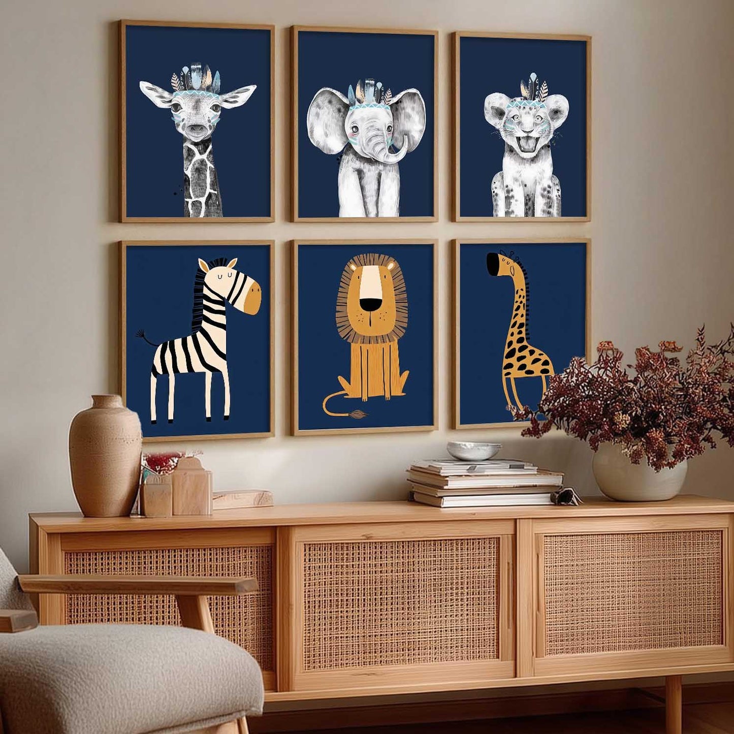 Safari Animals Wall Art Paintings with Frame for Living Room Kids Bedroom