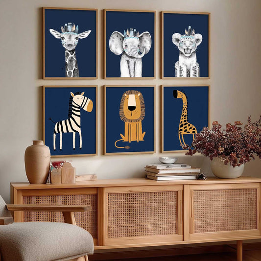 Safari Animals Wall Art Paintings with Frame for Living Room Kids Bedroom