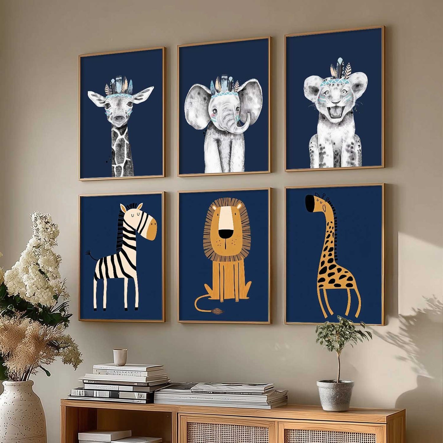 Safari Animals Wall Art Paintings with Frame for Living Room Kids Bedroom