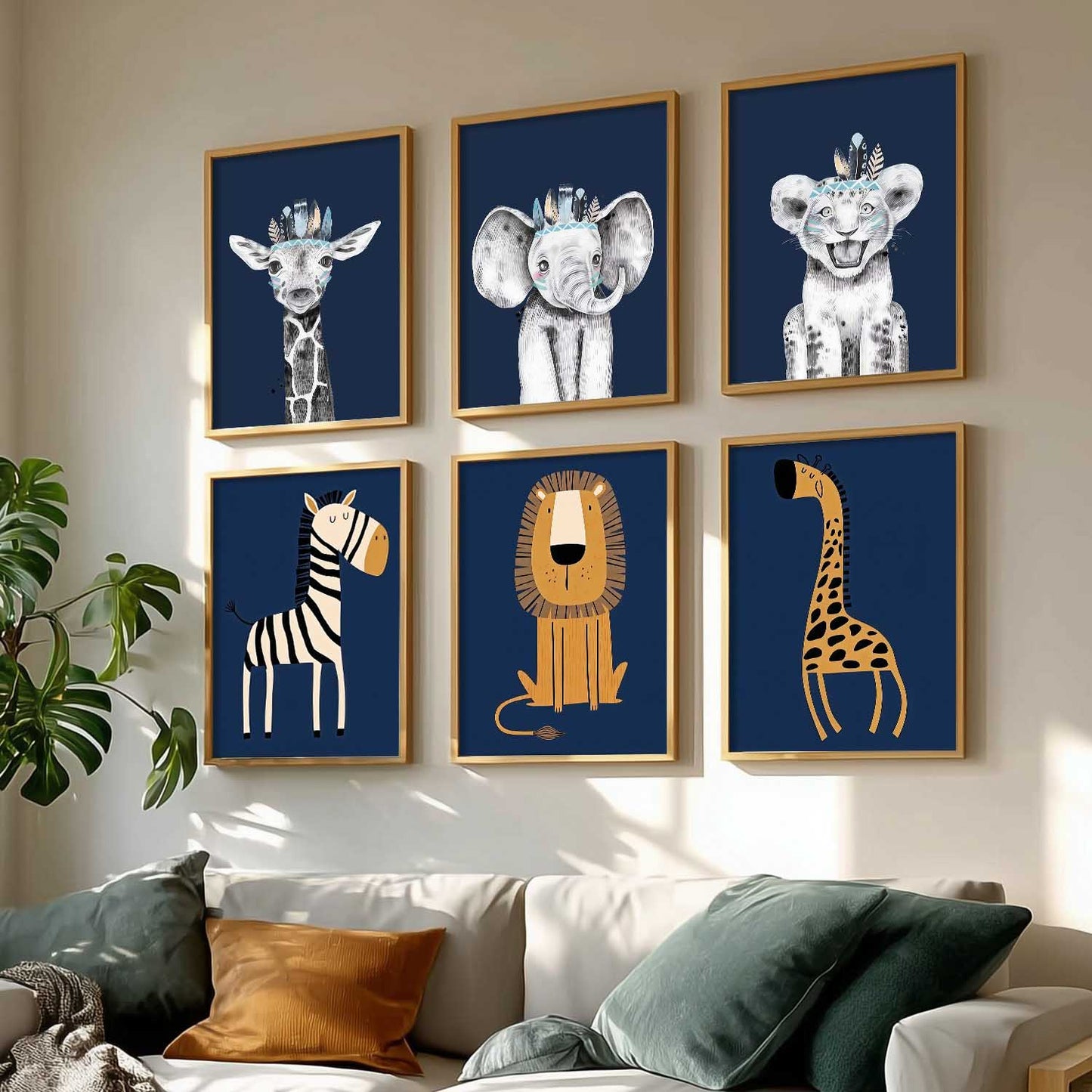 Safari Animals Wall Art Paintings with Frame for Living Room Kids Bedroom