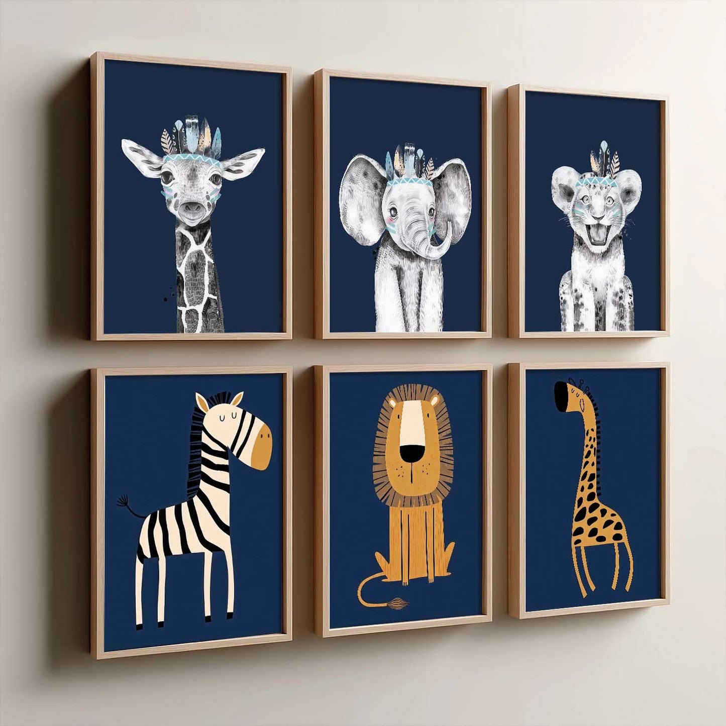 Safari Animals Wall Art Paintings with Frame for Living Room Kids Bedroom