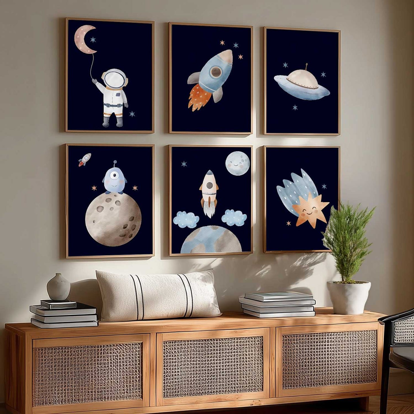 Retro Space Planet Rocket Wall Art Paintings with Frame for Living Room Kids Bedroom