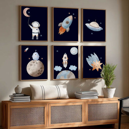 Retro Space Planet Rocket Wall Art Paintings with Frame for Living Room Kids Bedroom