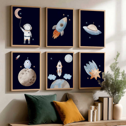Retro Space Planet Rocket Wall Art Paintings with Frame for Living Room Kids Bedroom