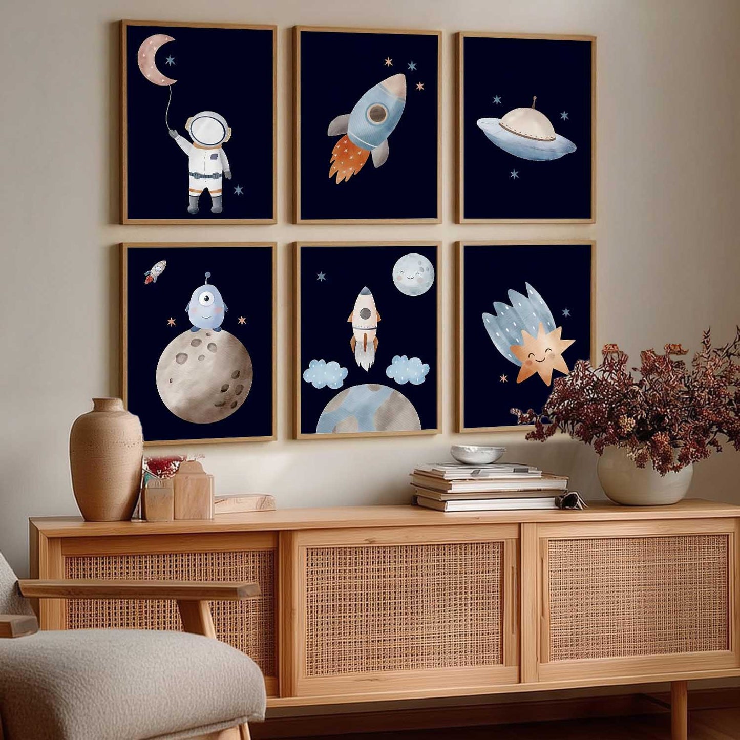 Retro Space Planet Rocket Wall Art Paintings with Frame for Living Room Kids Bedroom