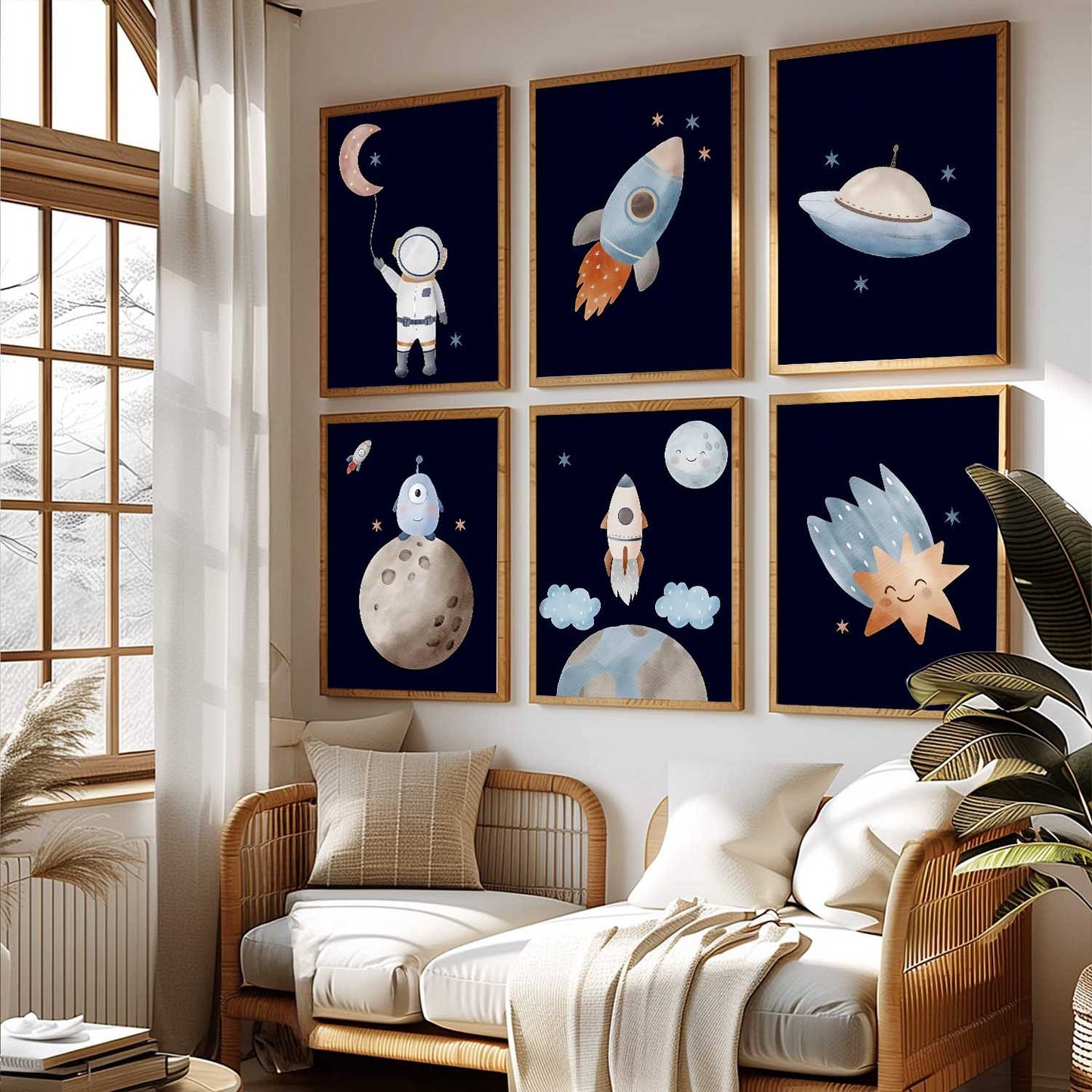 Retro Space Planet Rocket Wall Art Paintings with Frame for Living Room Kids Bedroom
