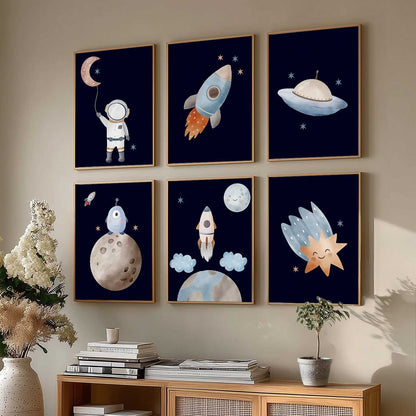 Retro Space Planet Rocket Wall Art Paintings with Frame for Living Room Kids Bedroom