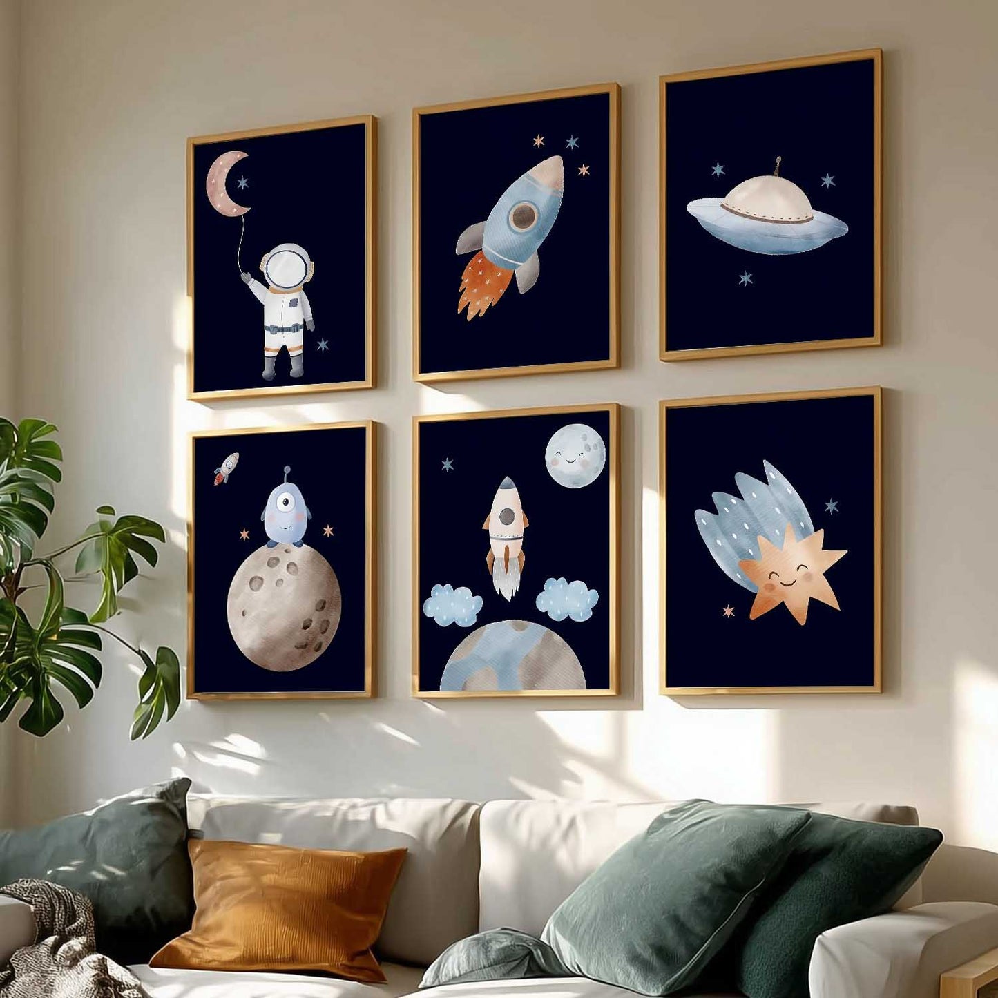 Retro Space Planet Rocket Wall Art Paintings with Frame for Living Room Kids Bedroom