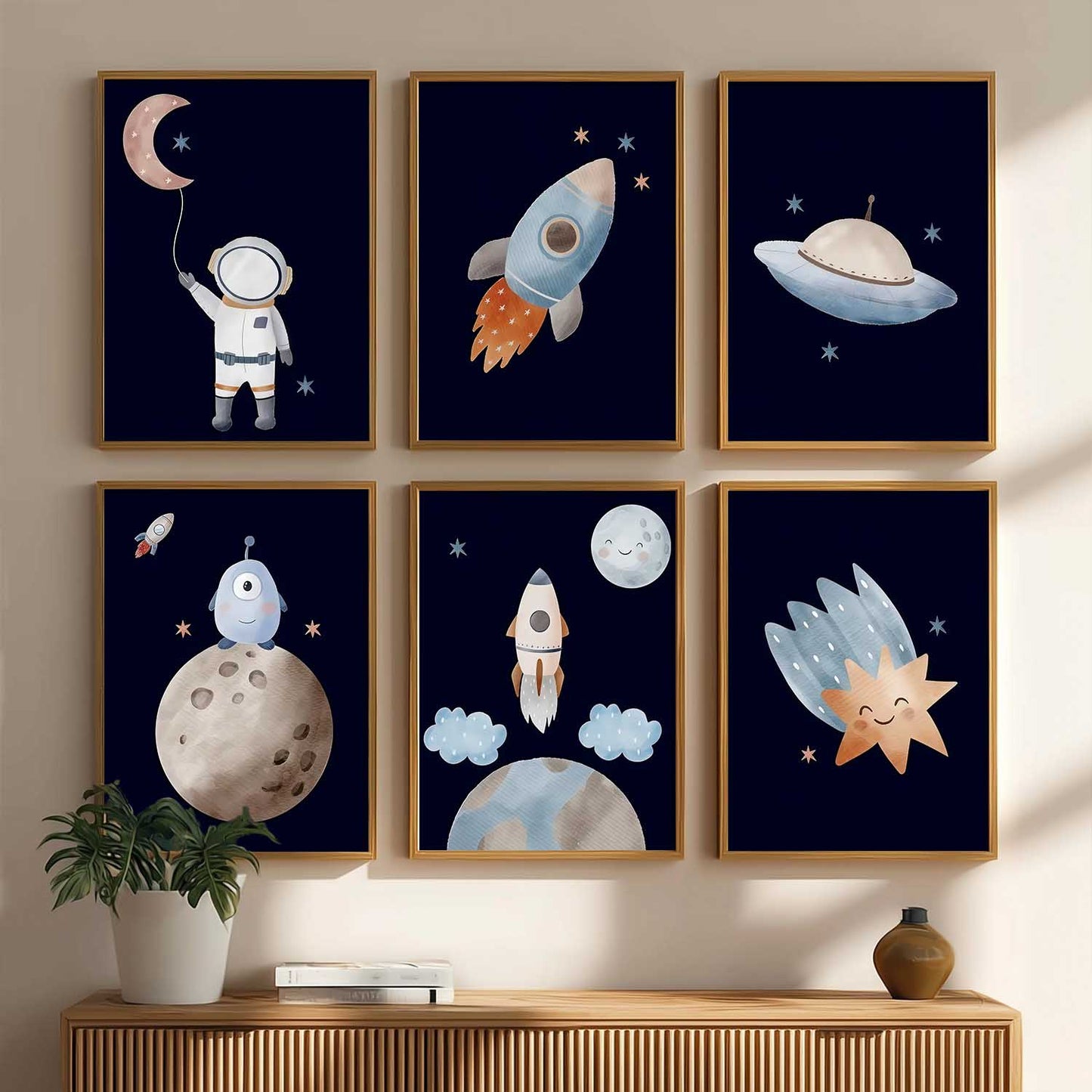 Retro Space Planet Rocket Wall Art Paintings with Frame for Living Room Kids Bedroom