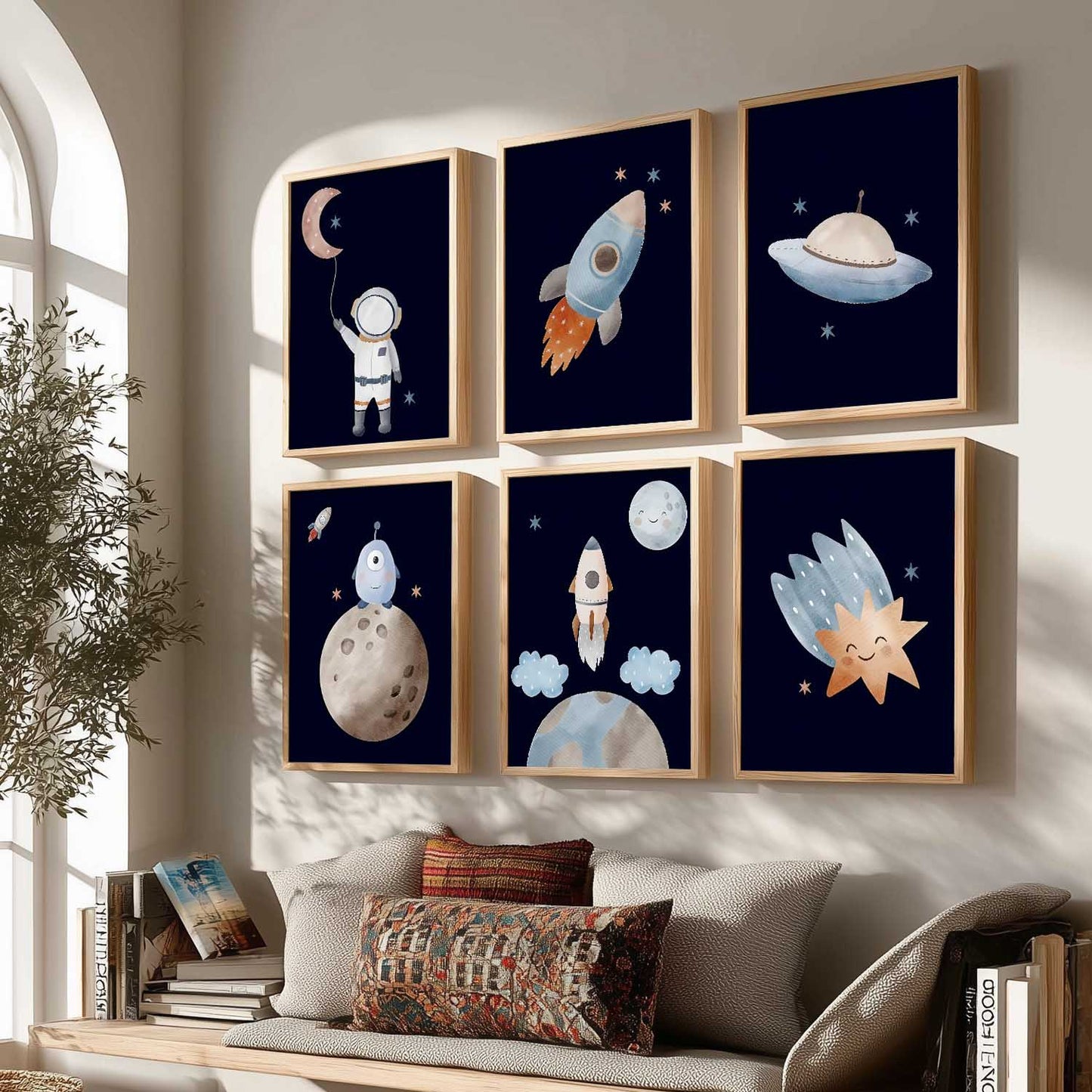 Retro Space Planet Rocket Wall Art Paintings with Frame for Living Room Kids Bedroom