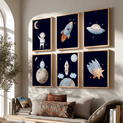Retro Space Planet Rocket Wall Art Paintings with Frame for Living Room Kids Bedroom