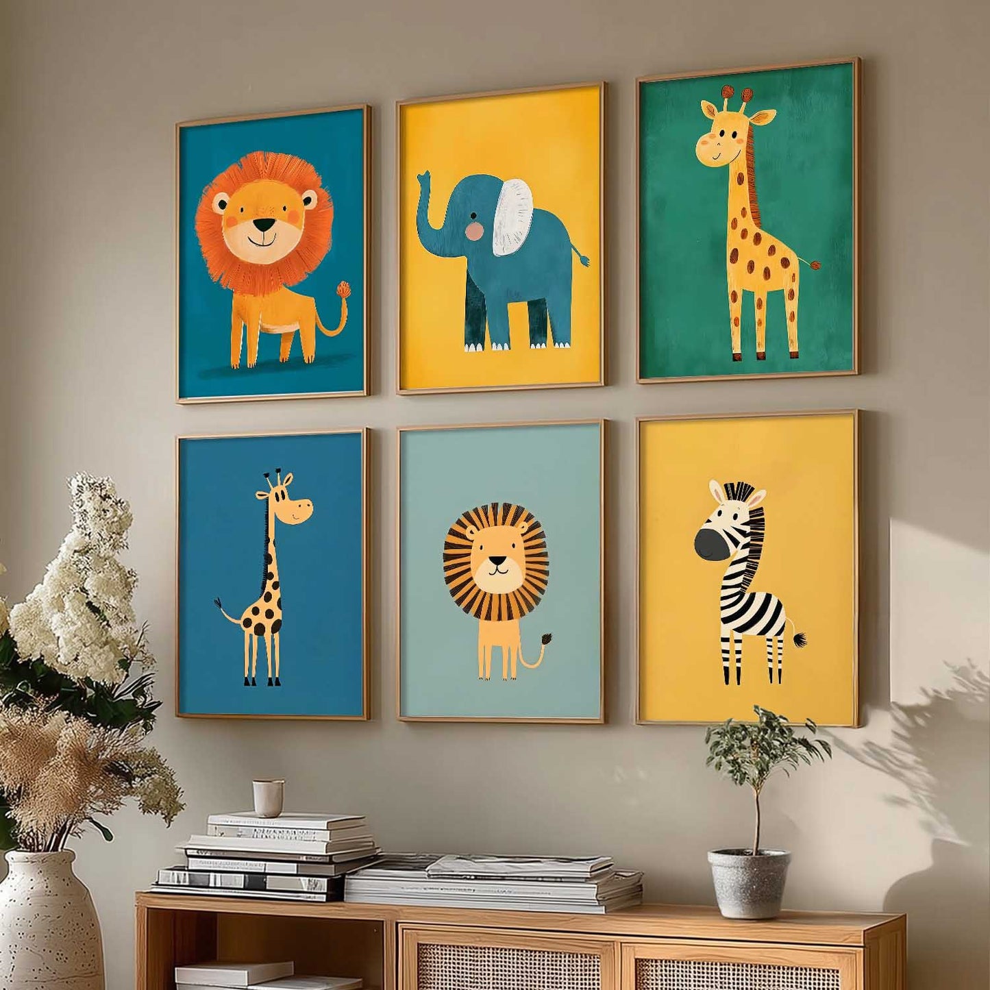 Safari Animals Wall Art Paintings with Frame for Living Room Kids Bedroom