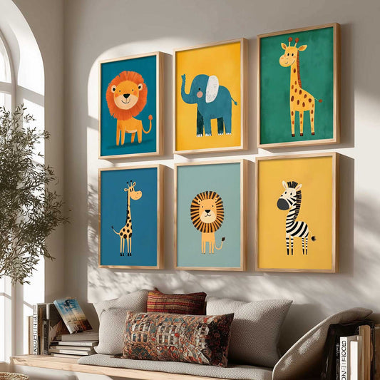 Safari Animals Wall Art Paintings with Frame for Living Room Kids Bedroom