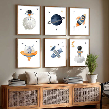 Retro Space Astronaut Planet Rocket Wall Art Paintings with Frame for Living Room Kids Bedroom