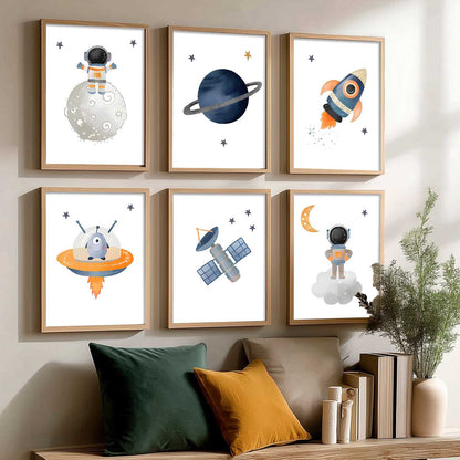 Retro Space Astronaut Planet Rocket Wall Art Paintings with Frame for Living Room Kids Bedroom