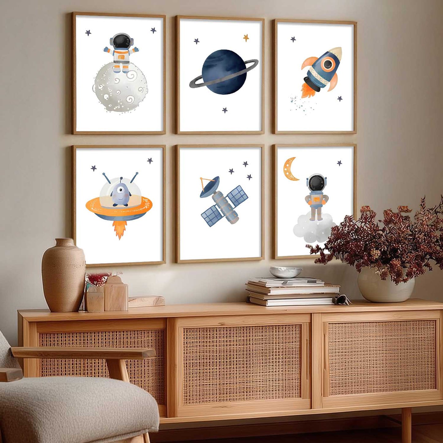 Retro Space Astronaut Planet Rocket Wall Art Paintings with Frame for Living Room Kids Bedroom