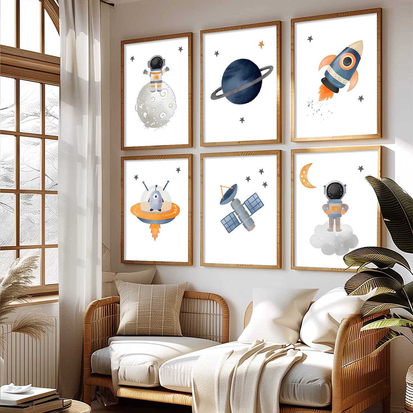 Retro Space Astronaut Planet Rocket Wall Art Paintings with Frame for Living Room Kids Bedroom